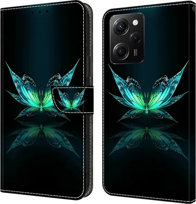 Produktbild von CLM-Tech Hülle kompatibel mit Xiaomi Redmi Note 12 Pro 5G - Tasche aus Kunstleder - Klapphülle mit Ständer und Kartenfächern, schwarz türkiser Schmetterling