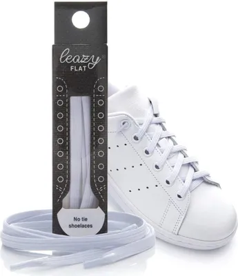 A package of white flat no-tie shoelaces is shown next to a white sneaker with white shoelaces.