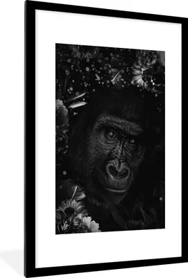 Produktbild von MuchoWow® Gerahmtes Poster Botanischer Affe mit hellen Kugeln auf dunklem Hintergrund - schwarz und weiß 60x90 cm - Poster mit Schwarzem Bilderrahmen Wandposter Rahmen Foto Bilder - Dekoration - Wandposter Wohnzimmer - Hochwertig