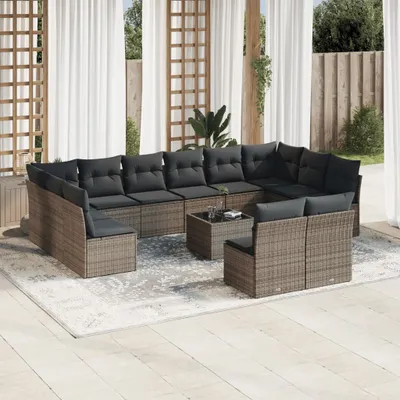 Produktbild von Design 13-tlg. Garten-Sofagarnitur mit Kissen Grau Poly Rattan, Gartenmöbel-Sets 2024 Neu