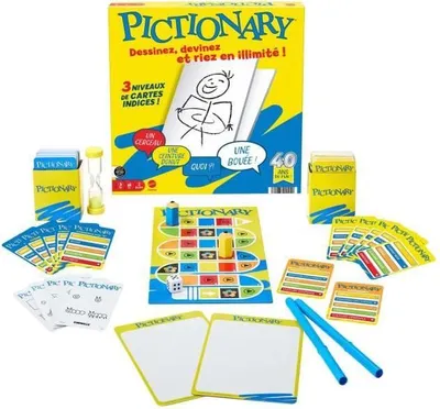 Produktbild von MATTEL GAMES Pictionary Familienspiel für Familie, Kinder, Erwachsene, 8+, 2+ Spieler, 224 Karten, mit Maltafel und Stiften