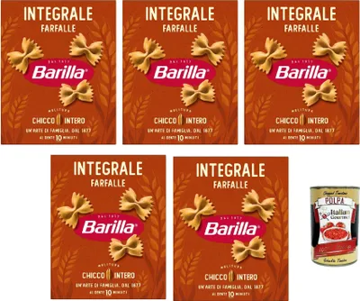 Produktbild von Barilla Integrale Farfalle Vollkorn-Pasta 5x 500 g,100% Vollkorn-Hartweizen,ballaststoffreich,vegan, Schmetterlings-Nudeln mit perfekter Soßenaufnahme, al dente in 10 Min + Italian Gourmet polpa 400g