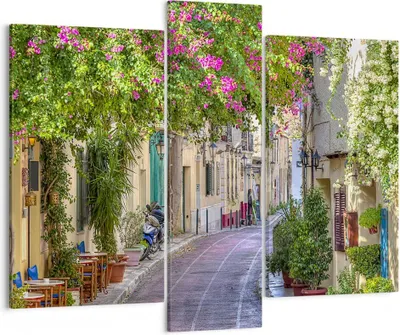 Produktbild von Bild auf Leinwand - Leinwandbild - Straße dekoration blumen griechenland - 95x80cm - Wand Bild - Wanddeko - Leinwanddruck - Bilder - Kunstdruck - Leinwand bilder - Wandkunst - CB95x80-2429