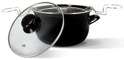 Image de Friteuse de 20 cm en acier émaillé noir, avec couvercle et panier