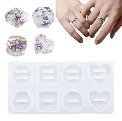 Produktbild von Silikonform Ringhalter Set 4-teilig Epoxidharz Schmuck Gießen rund oval Herz sechseckig