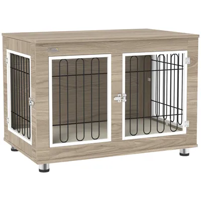 Image de PawHut Cage pour chien meuble cage chien intérieur table d'appoint multi-usages avec double porte et coussin - niche pour chien moyenne et grande taille - 90 x 58 x 65 cm, aspect noyer