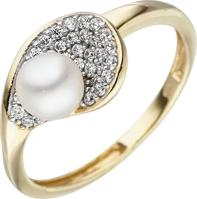 Produktbild von Gr. 58 Damen Ring 375 Gold Gelbgold 1 Süßwasser Perle 36 Zirkonia Perlenring