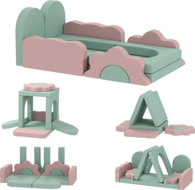 Produktbild von 12-teiliges Schaumstoffbausteine-Set, Kletter- und Krabbelblöcke, Indoor-Spielmatten mit Cordbezug, Grün und Rosa, für Kleinkinder