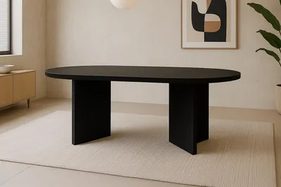 Produktbild von Esstisch oval mit geraden Kanten 160x90 cm Holz Schwarze-Optik Tischbeine V-Form OVI