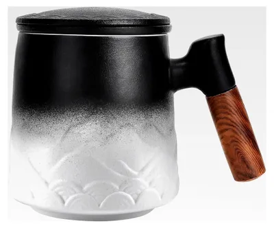 Produktbild von Teetasse mit Deckel und Sieb aus Keramik, Teebecher mit Holzgriff, Weiß