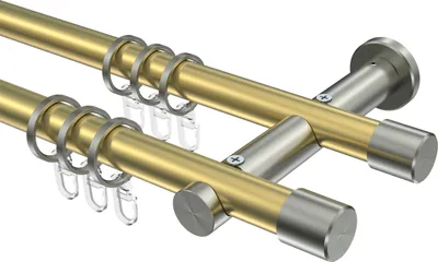 Produktbild von Interdeco Gardinenstange / Vorhangstange Messing-Optik / Edelstahl-Optik, Typ Platon Santo (Kappe), 20 mm Ø 2-läufig, 240 cm