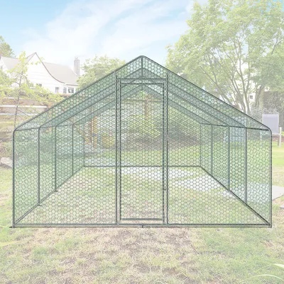 A green wireframe greenhouse structure is set up on a grassy lawn in front of a blurred background of a house and trees.