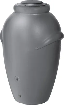 A gray amphora-shaped rain barrel.
