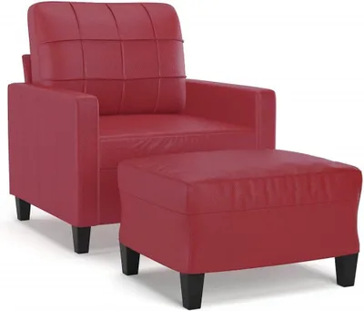 Imagen del producto de Sillón estable con reposapiés, tapizado en cuero sintético color burdeos, juego compacto ideal para espacios pequeños, sillón cómodo para relajarse en el salón