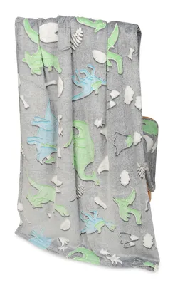 A folded blanket with a dinosaur pattern is draped over a chair.