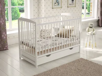 Produktbild von Love For Sleep Weiß Babybett Gitterbett mit Schublade 120 x 60cm + Schaumstoffmatratze + Sicherheitsgitter aus Holz + Schutzhülle