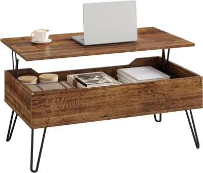 Produktbild von Couchtisch mit verstecktem Stauraum und hochklappbarer Platte | Rustikales Braun | 95x50x40cm