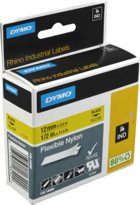 Produktbild von DYMO Rhino Industrie Nylonetiketten | flexibel | 12 mm x 3,5 m | schwarz auf gelbe | selbstklebendes Schriftband | fur Rhino und LabelManager Beschriftungsgerät, Schwarz auf gelb, Mehrfarbig, Nylon, -10 - 80 °C, UL 969, DYMO