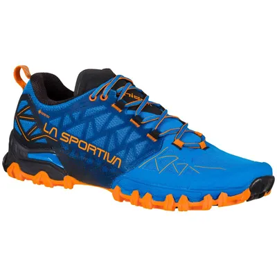 Trailrunning-Schuhe "Bushido II GTX" von La Sportiva in Blau und Orange; mit griffiger Sohle und atmungsaktivem Obermaterial.