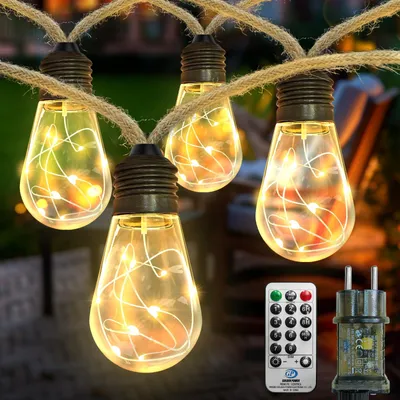 Zdjęcie produktu dla Świateł LED do użytku wewnętrznego i zewnętrznego - 6 metrów - Lampka świąteczna w stylu vintage z sznurkiem jutowym - 20 żarówek LED - 8 trybów - Idealna na imprezy