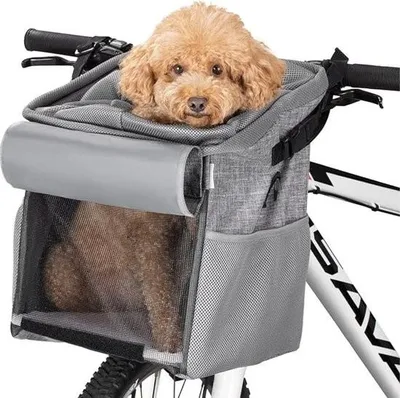 Obrázok produktu pre Košík na bicykel pre psa - Košík na bicykel pre psa s popruhom cez rameno - Košík na bicykel pre psa vpredu - Taška na bicykel pre psa s jednoduchou inštaláciou - Taška na riadidlá - Sivá - 27 x 27 x 31 cm