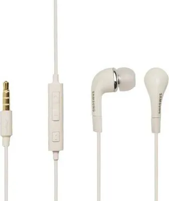 A white Samsung in-ear headset with a gold audio jack and inline controls is displayed against a white background.