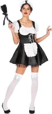 A woman wearing a French maid costume, holding a feather duster.