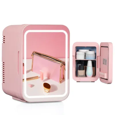 Image de Puluomis Mini réfrigérateur 4 L avec miroir LED portable pour cosmétiques, glacière/boîte isotherme rose vif