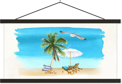 Produktbild von MuchoWow® Textilposter Strandkorb - Sonnenschirm - Vogel - Aquarell 60x30 cm mit schwarzem Rahmen - Textilien