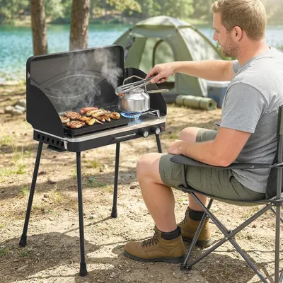 Produktbild von Gasgrill 2 Brenner 7 kW, Tischgrill tragbar klappbar, Campinggrill Gussaluminium mit Windschutz, Schwarz | 61 x 47 x 88 cm | 7,8 kg