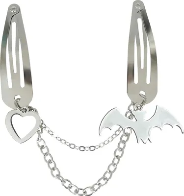 Image de Squelette Halloween Pinces à cheveux Chaîne Gothique Chauve-souris Coeur Pinces à cheveux Mystique, Couleur : Argent