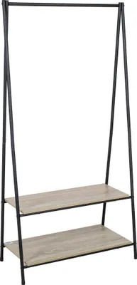 A black metal garment rack with two light brown wooden shelves.