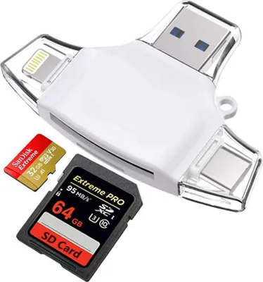 Produktbild von 4-in-1-Kartenleser für + Micro USB + USB3.0 + Typ-C-Schnittstelle für iPhone iPad Android Mac Smartphones weiß