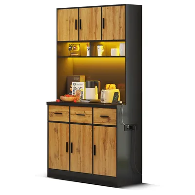 Productafbeelding van Buffet, 100x40x180 cm, met LED-verlichting en app-bediening, lades, verstelbare planken, kabelgaten, stopcontacten, geschikt voor keuken/eetkamer.