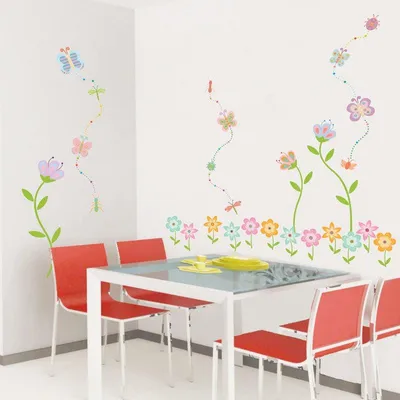 Produktbild von Dekorative Wandaufkleber mit Gartenblumen und Schmetterlingen