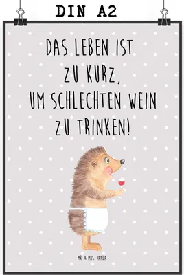 Produktbild von Mr. & Mrs. Panda Bild Igel Wein DIN A2 - Grau Pastell - Geschenk, wanddeko, Wandbild, Weinliebhaber, drucke, Posterdruck, Rotwein, Kunstdruck, Weinglas, Lustige Sprüche