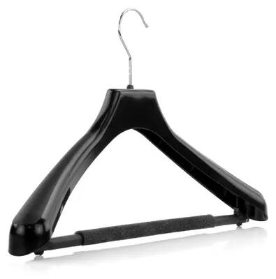 Produktbild von 10 Stabile Kunststoffkleiderbügel 42 cm Schwarz mit rutschfestem Hosensteg und Schaumstoff