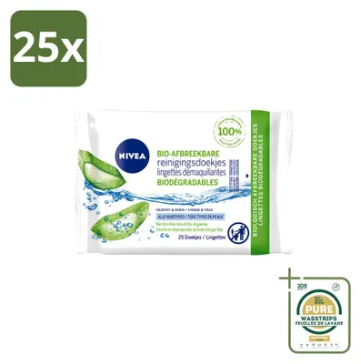Produktbild von 25 x Nivea Reinigingsdoekjes Bio Aloe Vera - 25 Tücher - Vorratspackung - 25 Stücke