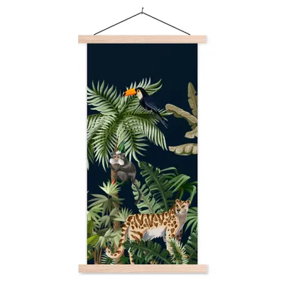 Produktbild von MuchoWow® Textilposter Dschungel - Pflanzen - Tiere - Kinder - Flamingo - Zebra 40x80 cm mit holzfarbenen Rahmen - Wohnzimmer