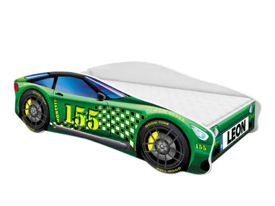 A green race car bed with a white mattress and a license plate that says 'LEON'.
