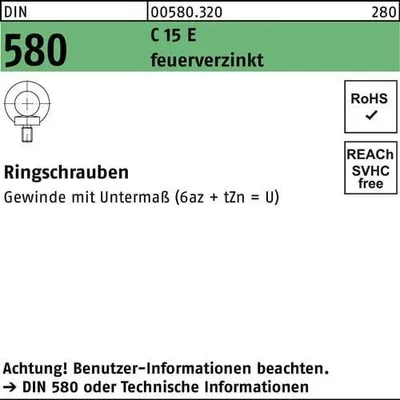 Produktbild von Reyher  Ringschrauben DIN 580 C15E U M 16 tZn (10 Stück)