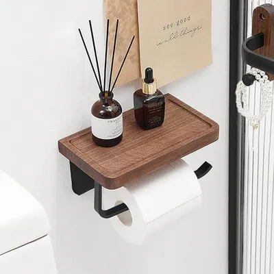 Produktbild von PolkaHome® Toilettenpapierhalter aus Walnussholz mit Ablage, Wandmontage, Toilettenrollenhalter für Bad und Gäste-WC
