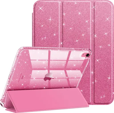 A pink glitter iPad case is shown in a studio setting, with the iPad inside the case, propped up in a stand position.