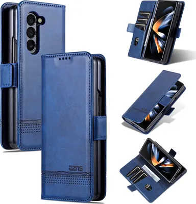 Immagine prodotto di Custodia in pelle per Samsung Galaxy Z Fold5, custodia pieghevole a portafoglio con chiusura magnetica e supporto blu