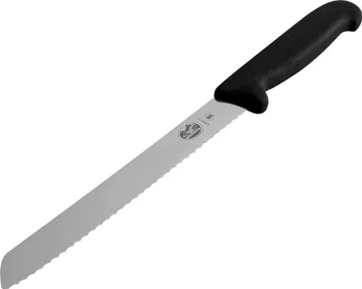 A bread knife with a black handle and a serrated silver blade is shown against a white background.