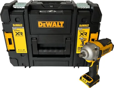 A DeWALT cordless impact wrench and its storage case are shown against a white background.