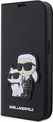 A black flip case for a smartphone with a Karl Lagerfeld and Choupette graphic on the front.