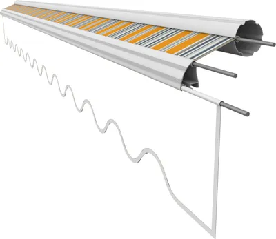 A close-up, angled view of a retractable awning fabric and its mechanism, against a white background.