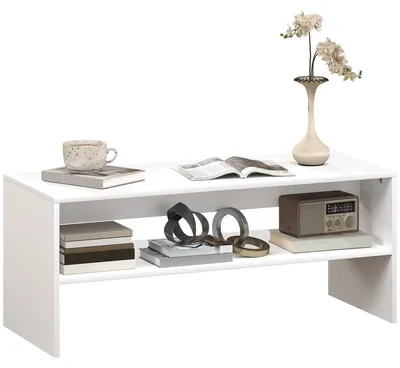 Immagine prodotto di Tavolino da Caffè Moderno 100x40x41,5 cm a 2 Livelli con Vani a Giorno in Legno Bianco