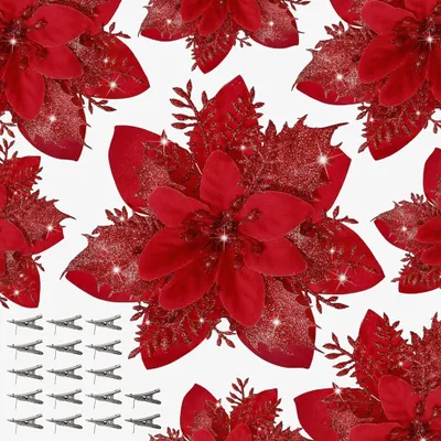 Produktbild von 15 Stück künstliche Weihnachtssterne mit Klammern, glitzernde Deko-Sterne für Weihnachtsbaum, Kranz, Zuhause & Party